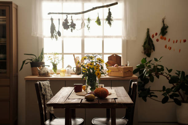 Two wooden chairs standing by table with bunch of flowers in vase Two wooden chairs standing by table with bunch of yellow garden flowers in vase, ripe pumpkin and eggplants and mug against kitchen counter cottagecore stock pictures, royalty-free photos & images