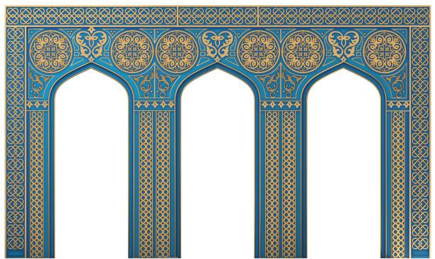 3d illustration. Eastern arch of the mosaic. Carved architecture and classic columns. Indian style. Decorative architectural frame .