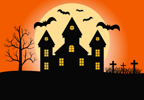 Happy Halloween Concept With Flying Bats, Old Cemetery, Castle And Full Moon