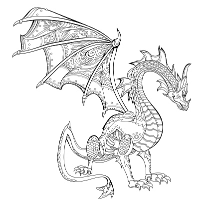 Illustration of warlike dragon from ancient legend. Printable page for kids coloring book. Print for logo or tattoo. Sheet for drawing and meditation for children and adults. Mythological animal.