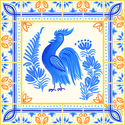 Blue painting on ceramic tile with French folk painted cock. Arabesque pattern for design, fabric, wallpaper, embroidery, decoration. Geometric drawing with ethnic motifs. Seamless pattern ornament.