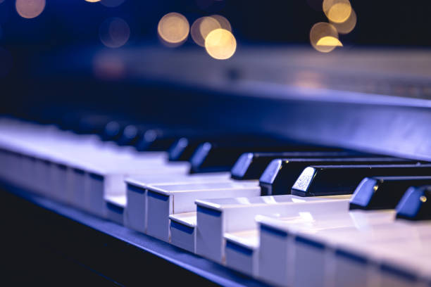 istock Piano keys close-up on a blurred background with bokeh. 1673939535