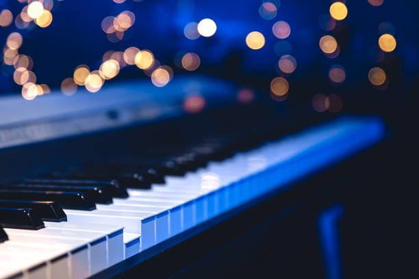 istock Piano keys close-up on a blurred background with bokeh. 1673939540