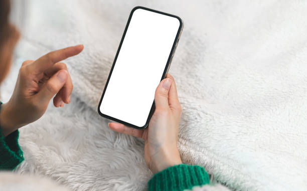 istock Human working on modern smartphone with blank white mobile screen for advertising, mockup, technology, advertising, search information, creative design, social media, online marketing, chat, phone 1673941695