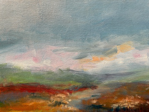Semi abstract acrylic painting of a landscape with sky