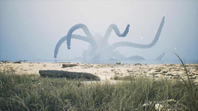 As the sun sets, a colossal Kraken, an abyssal behemoth, unfurls its monstrous tentacles from the depths, looming over the coastline in a terrifying spectacle that chills the bravest souls to the bone