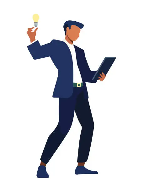 Vector illustration of Flat Illustration, character vector, Businessman standing and looking at tablet computer, light bulb above his hand