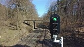 Aerial of Railway Light Signal Glowing Green Inside Forest