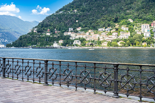View on lake Como, with typical railing in Northern Italy.
