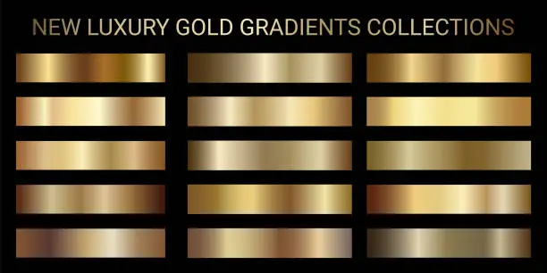 Vector illustration of Luxury gold gradients vector. Golden gradients set of metallic festive gold vector color gradation collection. For Christmas cards, banners, rings, fonts, New Year Eve party flyers, invitation card