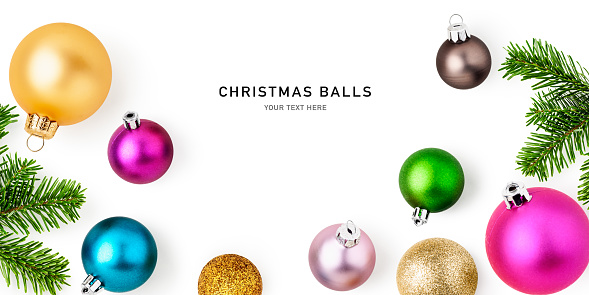 Christmas baubles and fir tree branch frame border. Colorful balls isolated on white background. Creative layout. Design element. Holiday decoration. Flat lay, top view