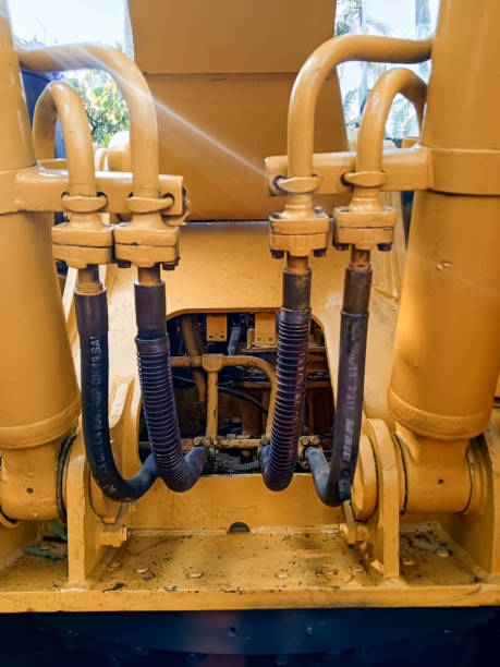 Close up hydraulic circuit system on an excavator