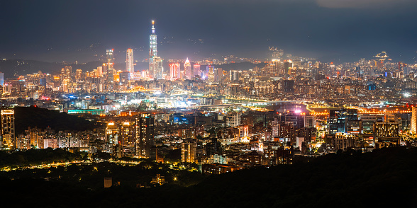 Taipei City, Xinyi road and Nangang Tea Mountain area, seen from Taipei 101 tower.