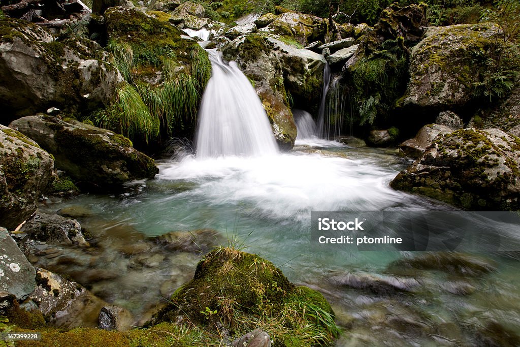 Wasserfall in green pool Routeburn-Mountain Trail, Neuseeland - Lizenzfrei Bach Stock-Foto