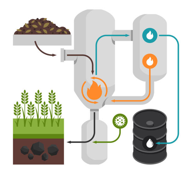 ilustrações de stock, clip art, desenhos animados e ícones de pyrolysis process with biochar sequestration - pyrolysis