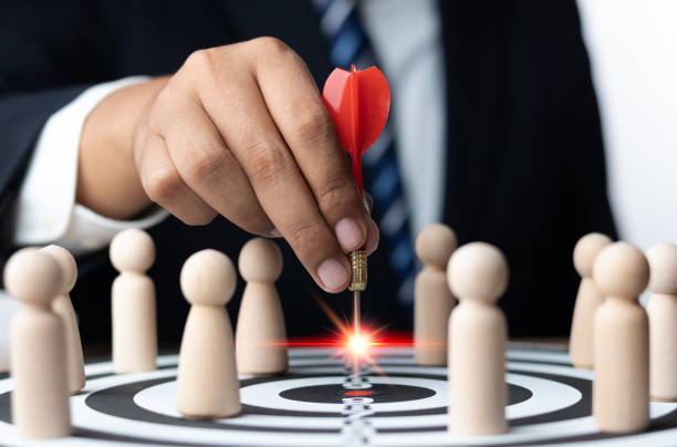 istock Human Resource Management Network Structure (HRM), Businessman throw a dart into target and searching for employee. recruitment, Customer Relationship Management, hiring, training, performance. 1674023303