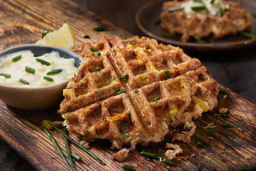 Crispy Tuna Cake Waffles with Yellow Peppers, Green Onions, Chives,  Lemon and Tarter Sauce