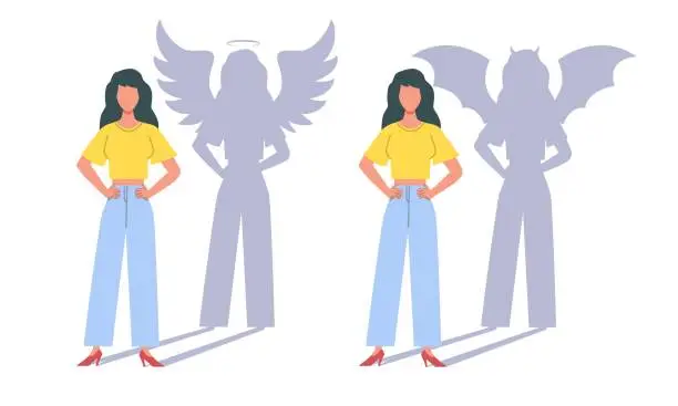Vector illustration of Woman with shadow of an angel and of devil. Female character heaven and hell symbol. Religion and ethnic morality. Girl with wings. Good and bad sign. Cartoon flat style vector concept