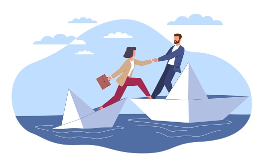 istock Concept of business assistance, businessman helps drowning person to board paper boat. Support entrepreneur from bankruptcy. Economical crisis. Cartoon flat style isolated vector illustration 1674030385