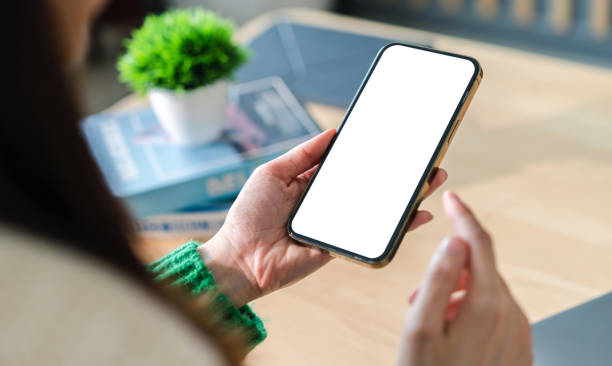istock Human working on modern smartphone with blank white mobile screen for advertising, mockup, technology, advertising, search information, creative design, social media, online marketing, chat, phone 1674032536