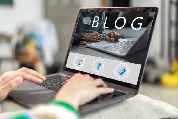 Social media online content, freelance worker, working online, content creator, woman using laptop, woman reading blog online on computer at home