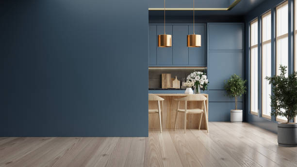 istock Mockup dark blue wall in kitchen and minimalist interior design. 1674046349
