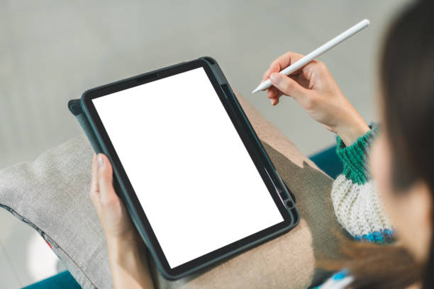istock Human working on modern tablet with blank white mobile screen for advertising, mockup, technology, advertising, search information, creative design, social media, online marketing, chat, phone 1674050299