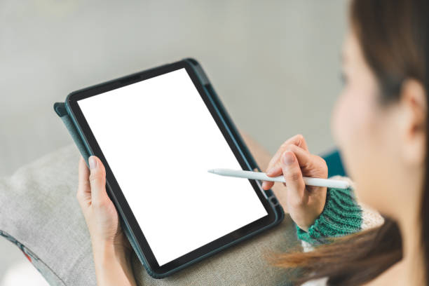 istock Human working on modern tablet with blank white mobile screen for advertising, mockup, technology, advertising, search information, creative design, social media, online marketing, chat, phone 1674050302