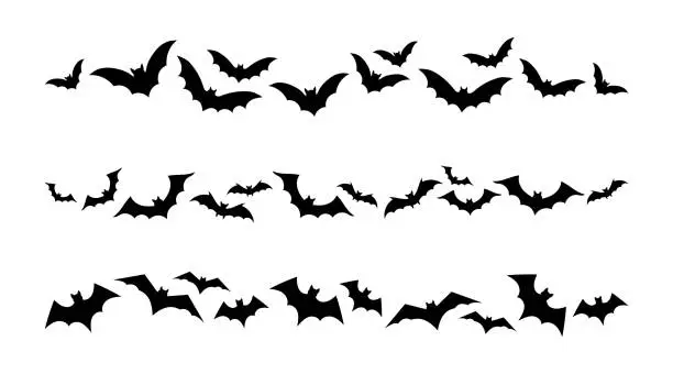 Vector illustration of Set bats border lines. Traditional Halloween decorative elements. Halloween silhouettes black flying bats pattern lines.