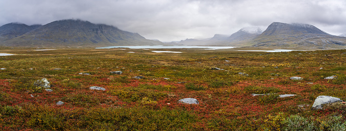Panoramic view of the various lakes and surrounding mountains with colorful foreground along the Kungsleden trail in late summer between STF Abiskojaure and STF Alesjaure, Abisko, Lapland, Sweden.