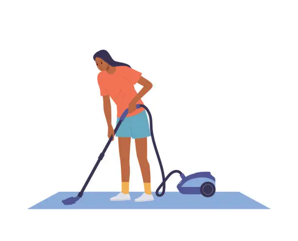 Vector illustration of Young woman housewife character cleaning home floor with vacuum cleaner machine doing household