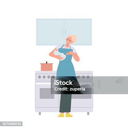 istock Happy young woman housewife cartoon character holding bowl cooking at home kitchen apartment 1674068035