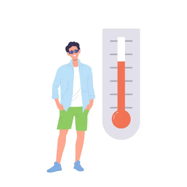 Vector illustration of Young hipster man cartoon character enjoying high temperature degree showing by thermometer