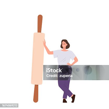 istock Happy woman cartoon housewife character holding wooden rolling pin kitchenware appliance for bakery 1674069212