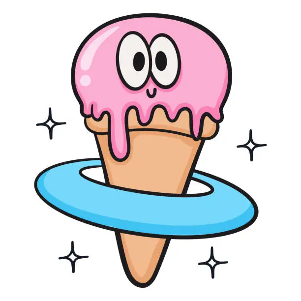 Vector illustration of Funny ice cream with planet ring cartoon character
