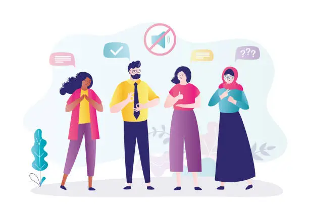 Vector illustration of Deaf mute communication. Sign language and hearing loss concept. Group of multiethnic deaf people talking with gestures. Colleagues communicate in language of deaf, articulation.