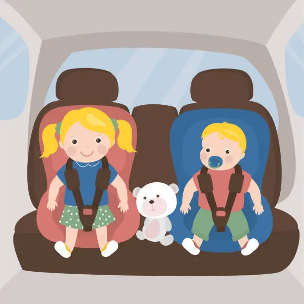 Vector illustration of Cute little kids sitting in car seats, safety car transportation of small children. Baby on board. Child safe, comfortable drive in car. Family travel. Calm babies on backseat.