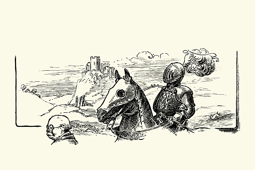 Vintage illustration of Sketch of a medieval knight in armour riding in front of a castle, Fantasy, Quest, Adventure