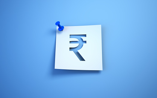 3d render indian rupee Sign, White note paper blue background, Blue thumbtack (close-up)