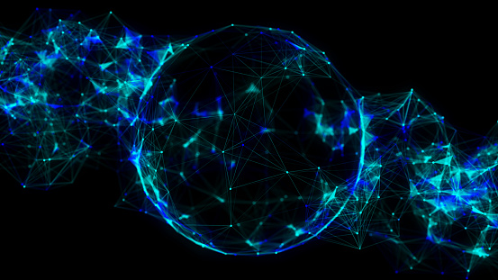 Abstract blue sphere on black background. Wireframe circle structure with glowing particles and lines. Futuristic digital illustration. 3D rendering.