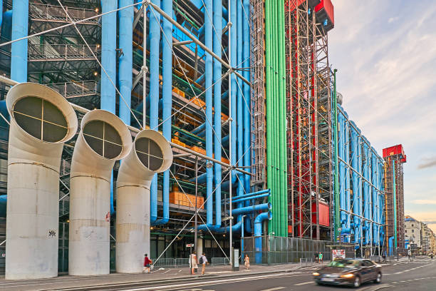 Paris Paris, France - July 11, 2023: Pedestrians and traffic on Rue Beaubourg at the Center Pompidou in the evening. pompidou center stock pictures, royalty-free photos & images