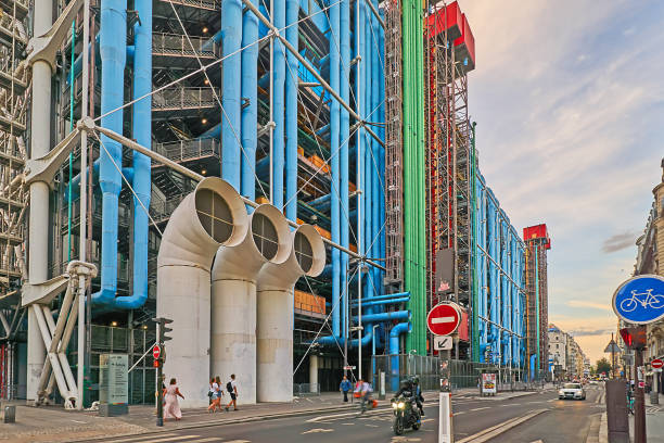 Paris Paris, France - July 11, 2023: Pedestrians and traffic on Rue Beaubourg at the Center Pompidou in the evening. pompidou center stock pictures, royalty-free photos & images