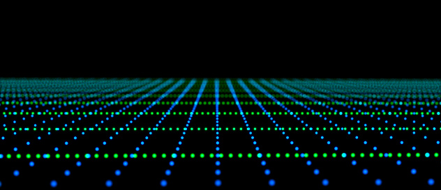 Abstract grid with blue light on black background. Science background with moving dots and lines. Network connection technology. Digital structure with particles. 3d rendering.