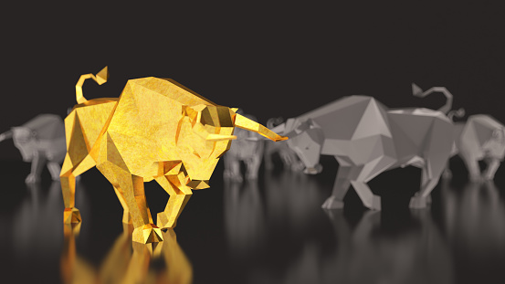 Financial Trade Concept with Golden Bull and Black Bears. 3D Render