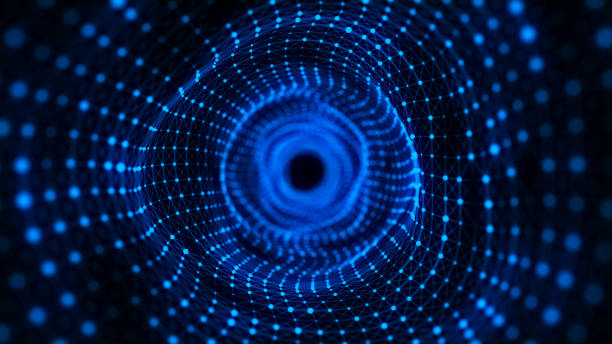 istock Abstract circle speed tunnel with blue light on black background. Science background with dots and lines moving in a spiral. Wormhole technology. Digital structure with particles. 3d rendering. 1674132212