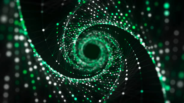Abstract circle speed tunnel with green light on black background. Science background with dots and lines moving in a spiral. Wormhole technology. Digital structure with particles. 3d rendering.