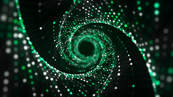 Abstract circle speed tunnel with green light on black background. Science background with dots and lines moving in a spiral. Wormhole technology. Digital structure with particles. 3d rendering.