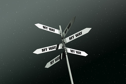 A stylized, 3D illustration of mulitiple direction street sign pointing to various directions against a starry night sky.