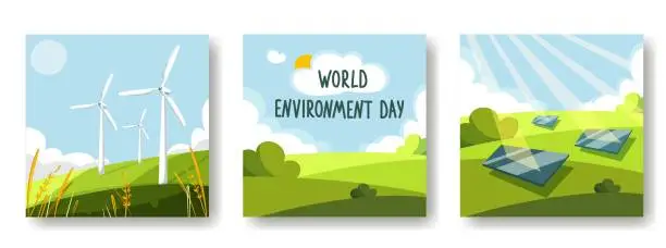 Vector illustration of A set of cards on the theme of World Environment Day, alternative energy, ecology, nature. Global Wind Day.Solar energy panel. Nature with good weather. Vector illustration.