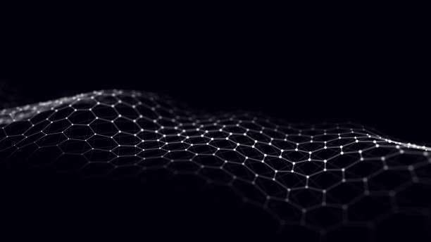 istock Abstract hexagon wave with white light on black background. Science background with moving dots ang lines. Network connection technology. Digital structure with particles. 3d rendering. 1674139199